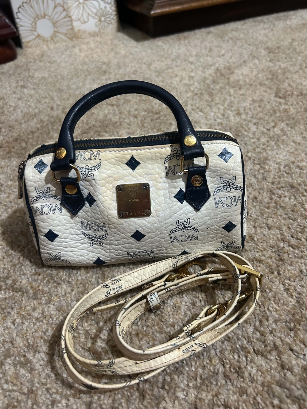 MCM Visetos Mini Boston Bag in Cream and Black
